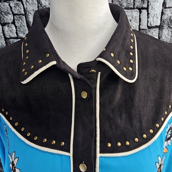 John Moon Texas cowgirl XXL Button down western top with fringe.  Teal/black - Picture 4 of 16